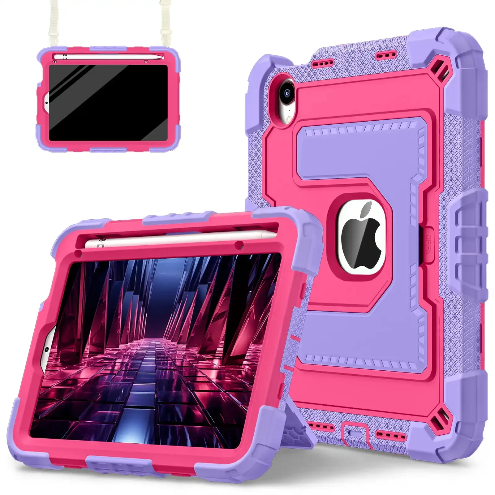 Shockproof iPad Mini Case with Handle Stand and Pen Tray - Non-toxic Soft Silicone Protective Cover with Shoulder Straps