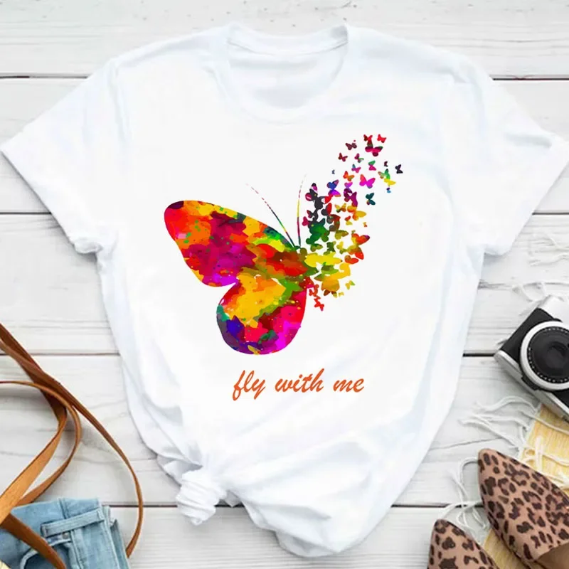 Camiseta con estampado de pétalos de mariposa para mujer, blusa de