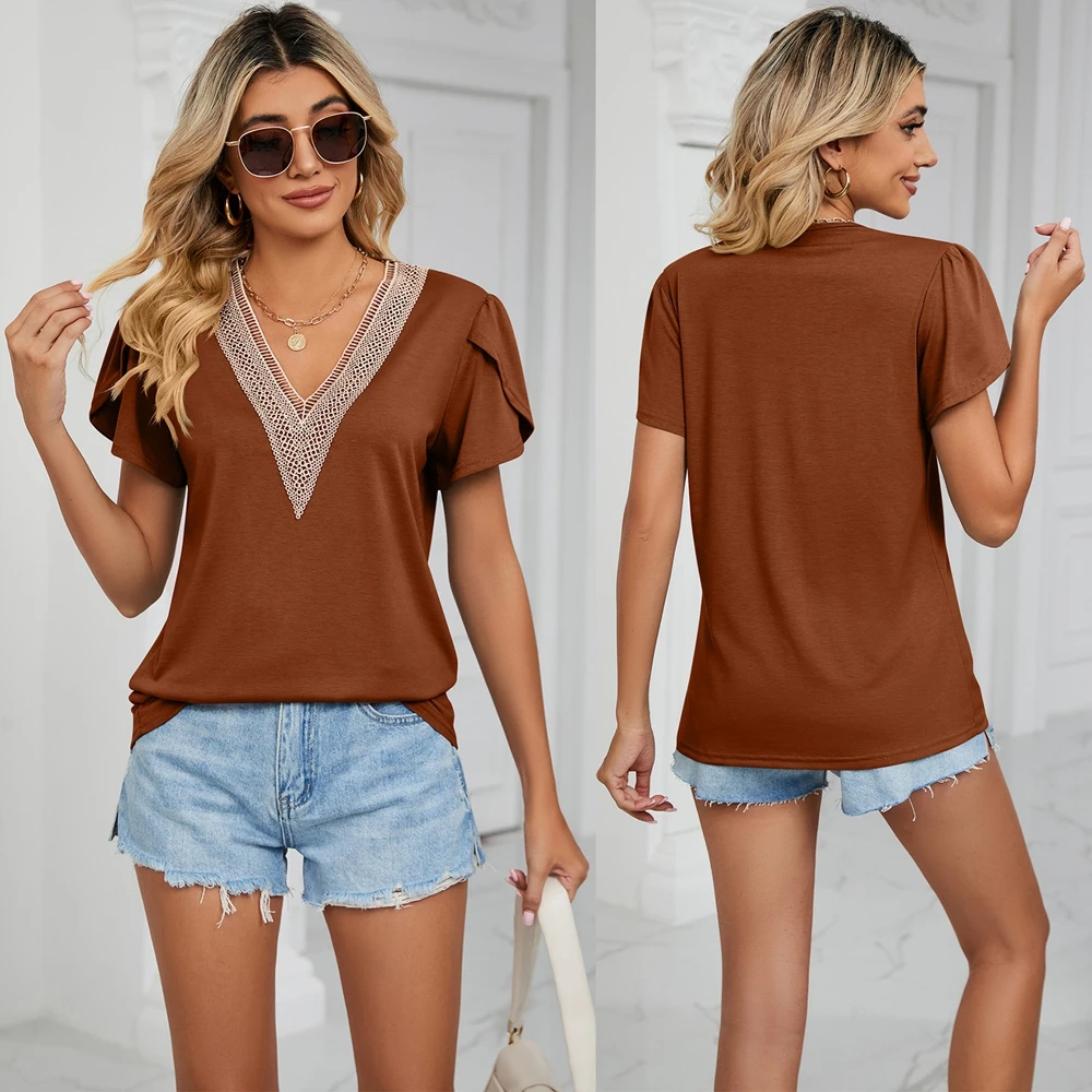 

Classic Casual Female Tops Short Sleeve Daily Women's T-shirts Lady V Neck Solid Color Outwear Versatile Tees Women's t-shirt