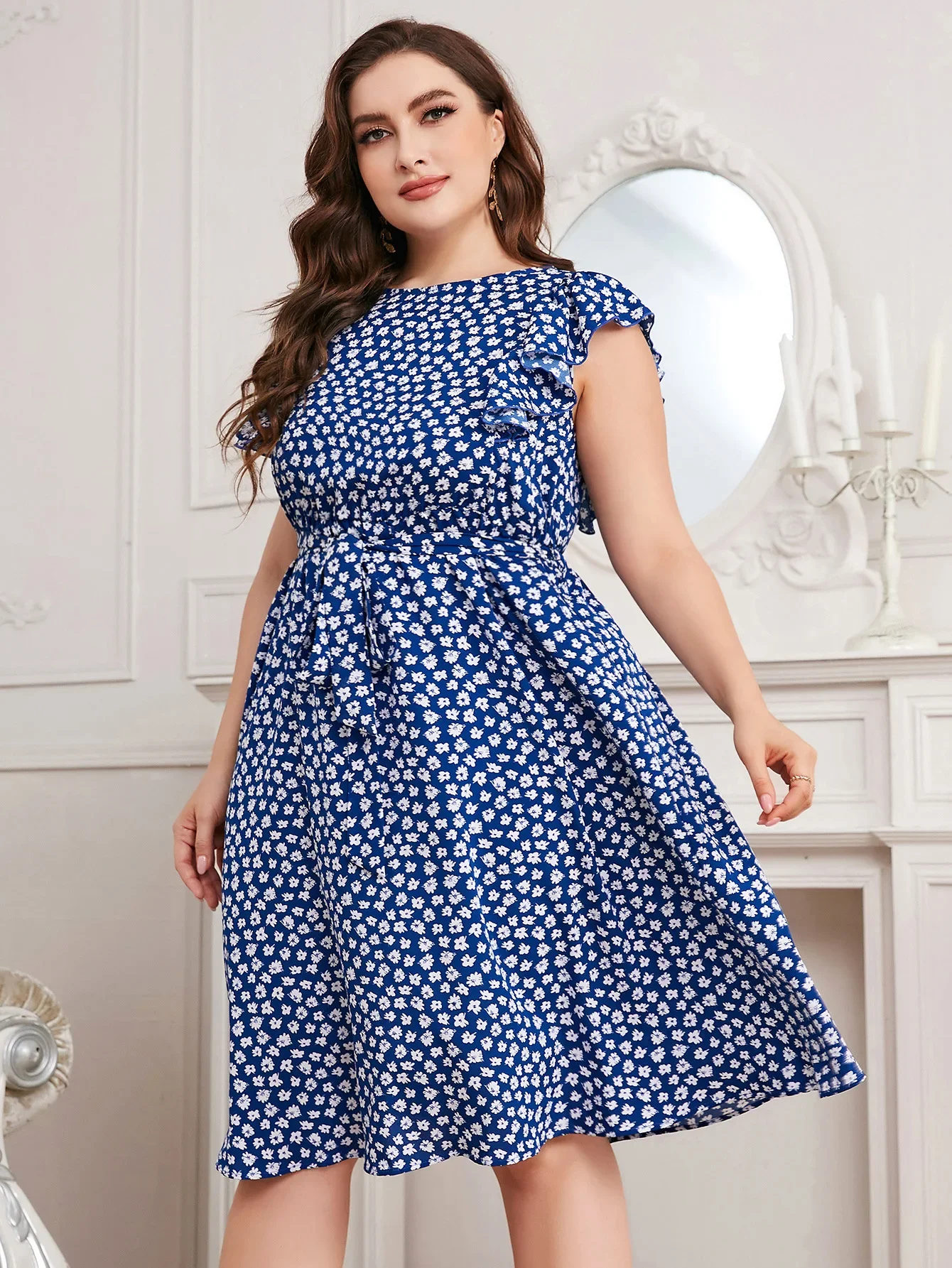 Full Size Two Tone Printed Ruffled Cap Sleeve Mini Dress Plus Size