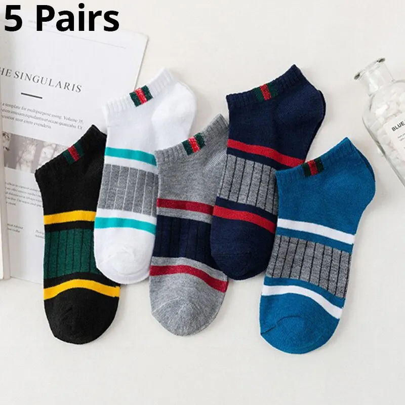 Boat socks 5 pairs mens casual simple sweat absorbing breathable vertical bar parallel bars movement tube