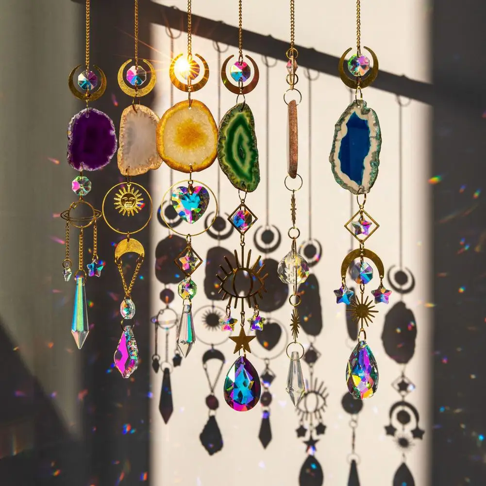 

Sun Catcher Natural Stones Agate Faux Crystal Hanging Pendants Wind Chimes Rainbow Prism Window Drop Bell Christmas Tree Decor