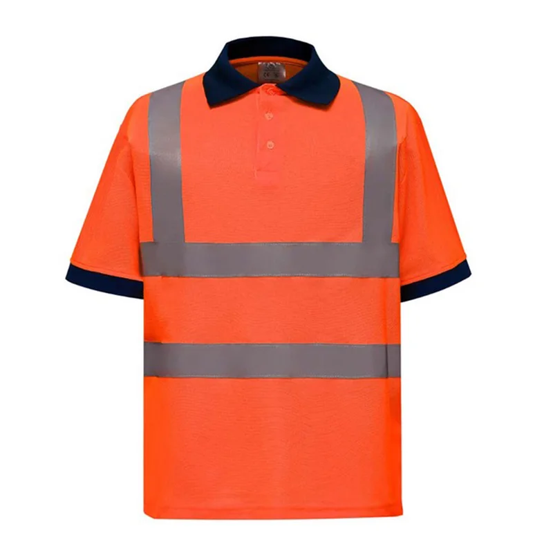 Hi Vis 반팔 폴로 짧은 안전 폴로 셔츠, 네이비 옐로우 오렌지, 높은 가시성 반사 작업 셔츠