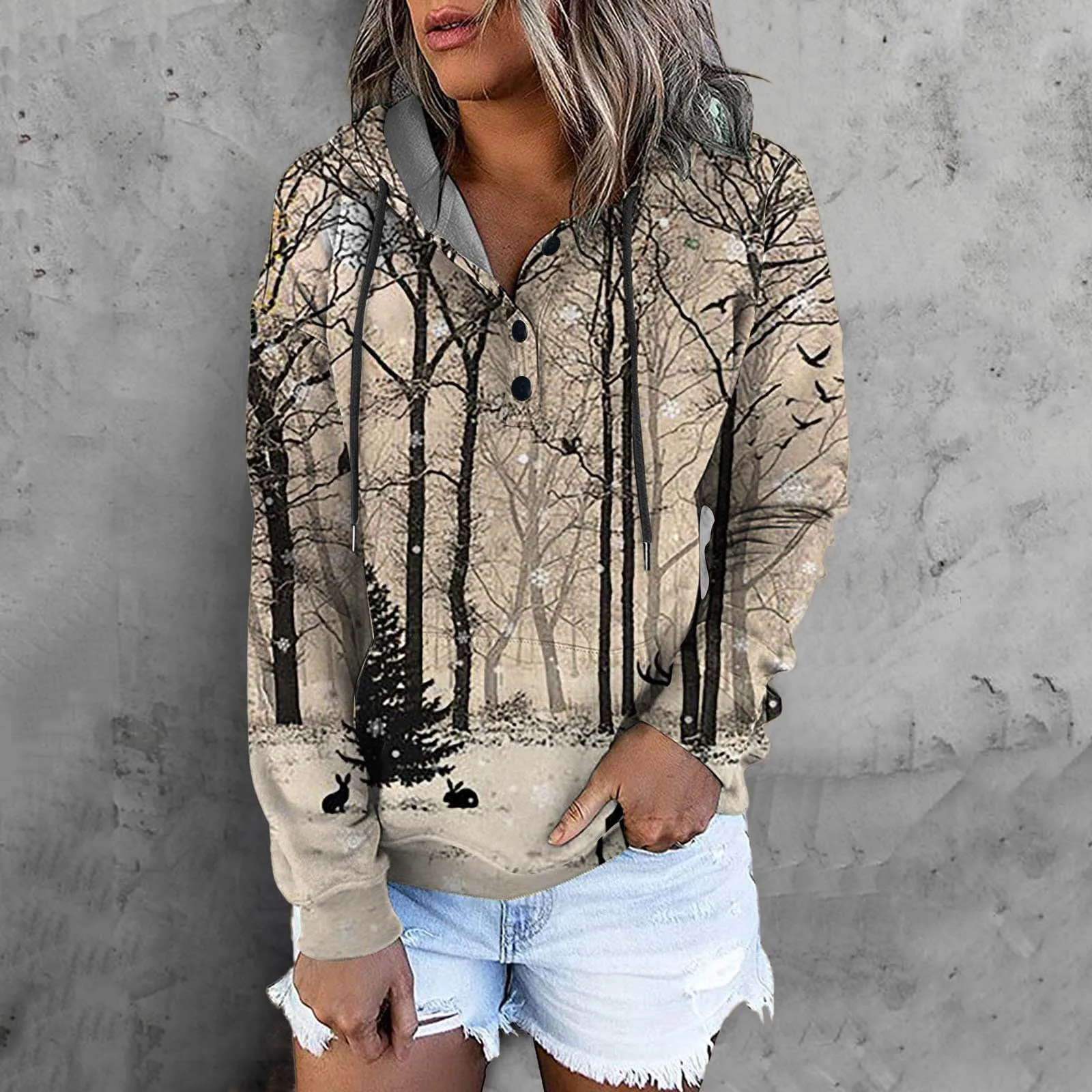 

Christmas Graphic Hoodie For Women Button V Neck Pullover Long-Sleeve Hooded Sweatshirts Loose Forest Print Tops Female Clothes