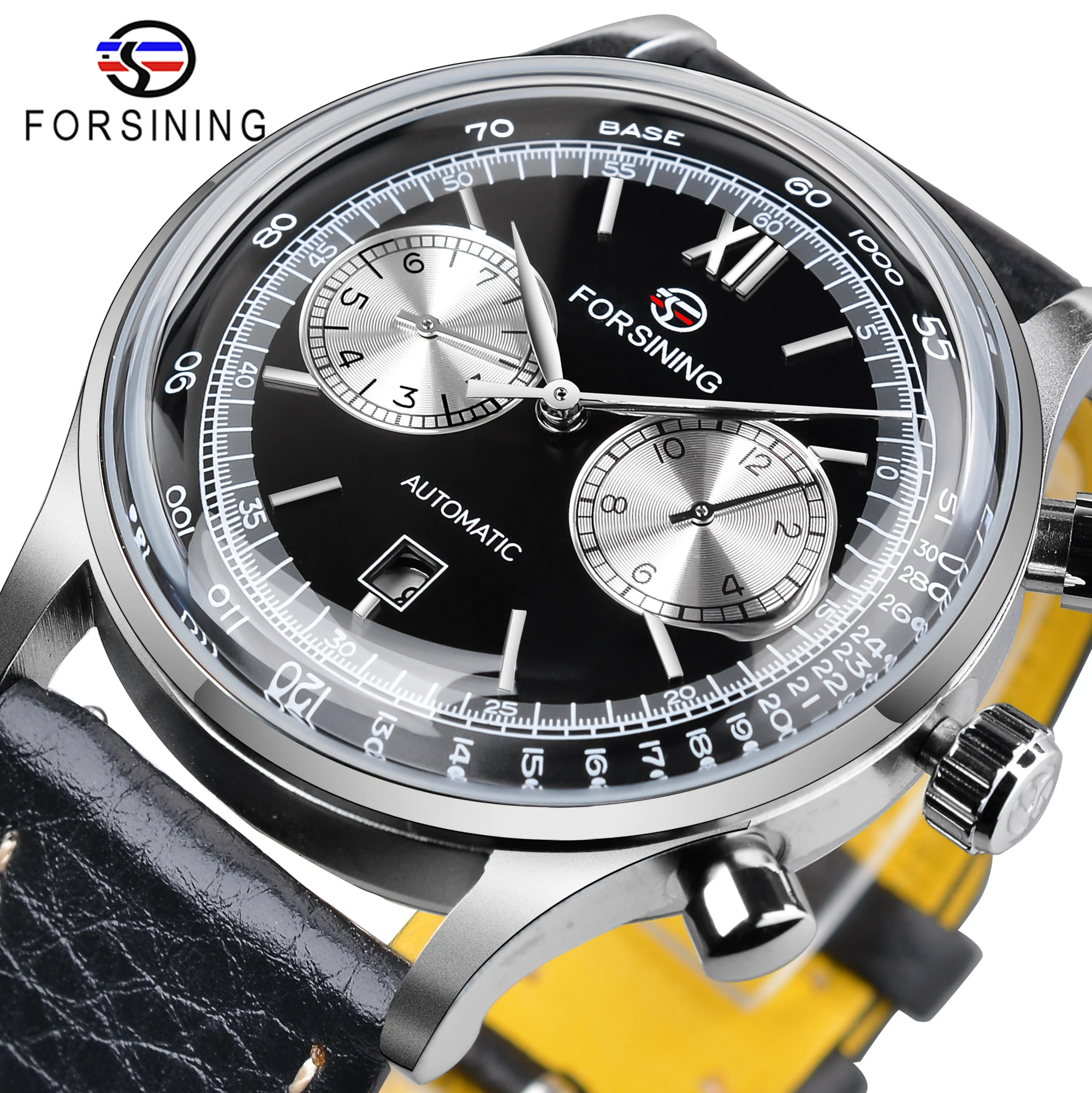 Forsining 2022 Classic Silver Black Concave Glass Date Two Dial Display Fashion ShangHai Movement Men Mechanical Automatic Watch