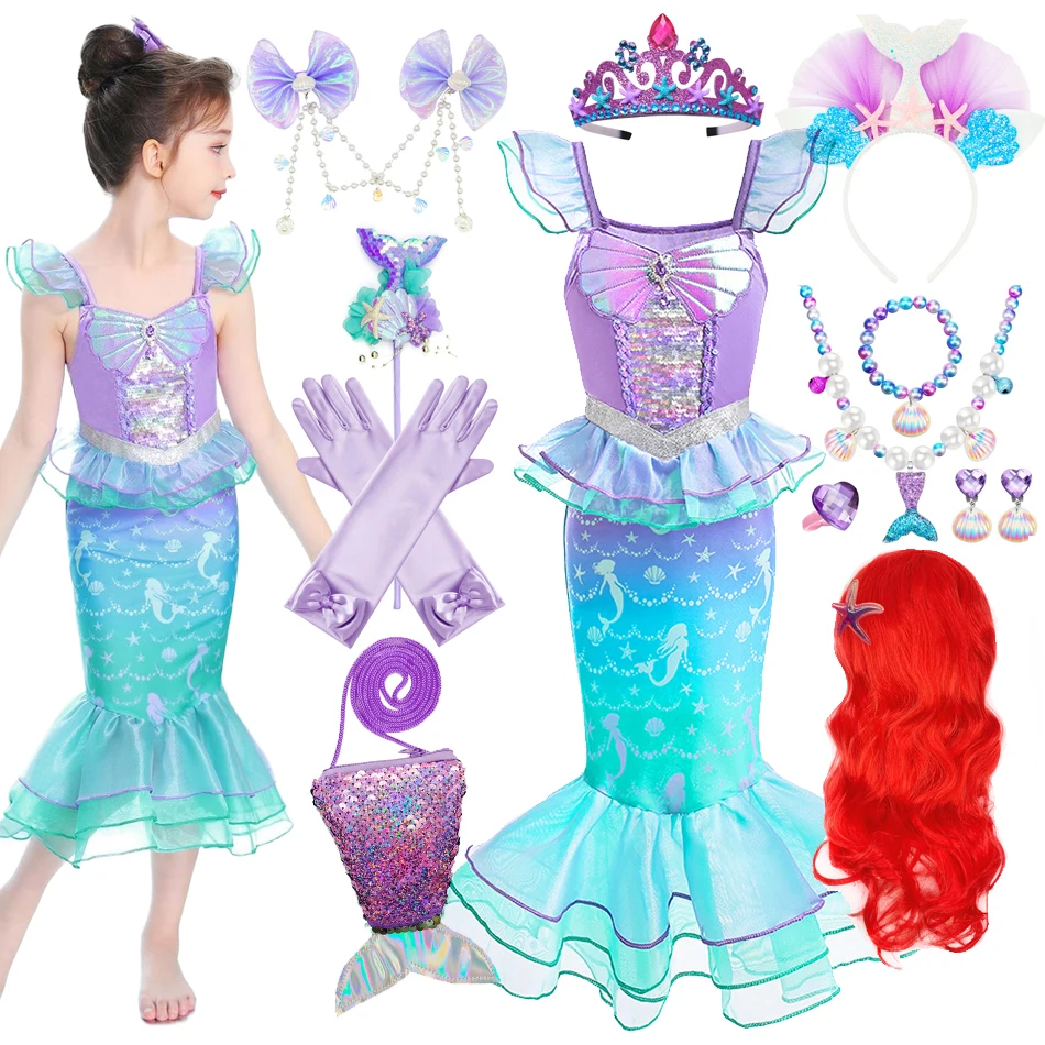 AOOWU Vestito Sirenetta Bambina, Costume da Sirenetta con 7 pezzi Accessori, Ariel Bambine Vestito Sirena, Costumi Cosplay Sirena per Halloween, Natale, Cosplay, Compleanno