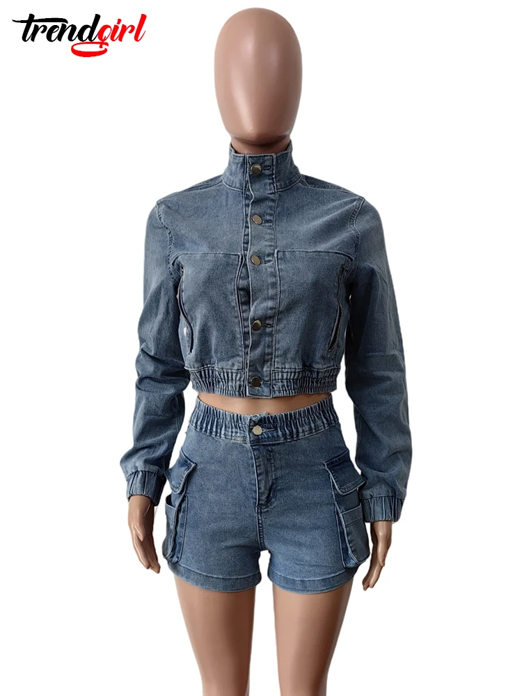 Trendgirl Stretch Denim Long Sleeve Two 2 Pieces Set Women‘s Streetwear Jacket Crop Tops and Shorts Jean Matching Suit Clubwear