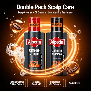 Shampoo alla Caffeina Alpecin C1 Tedesco, Anti-Caduta, Controllo Oleosità, Rimozione Forfora, Pulizia Profonda dei Follicoli, Riparazione dei Capelli