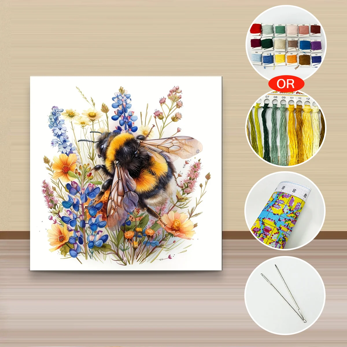 1 Stück 40x40 cm/15,74 Zoll, 11CT/14CT Druck Kreuzstich DIY-Set Neujahrsgeschenk Entspanntes Stickset für Anfänger, Honigbienen-Blumencluster