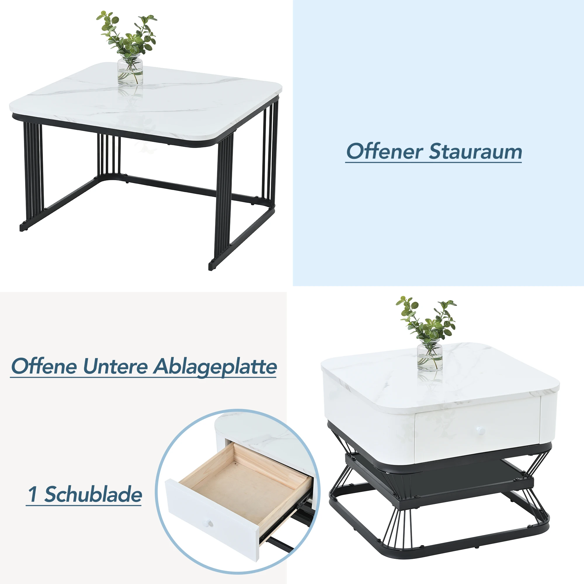 2-teiliges Couchtisch-Set, geometrisches Couchtisch-Set, Hochglanz-Marmor-Look, Wohnzimmertisch-Set mit 1 Schublade, Sofatisch – Detail 25