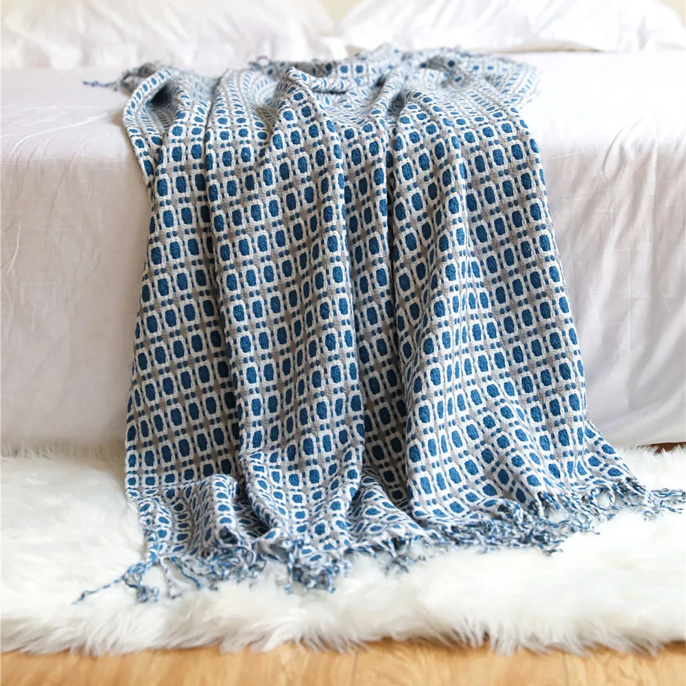Boho Blue Knitted Throw Blanket with Tassels – Cozy Farmhouse Decor and Gift