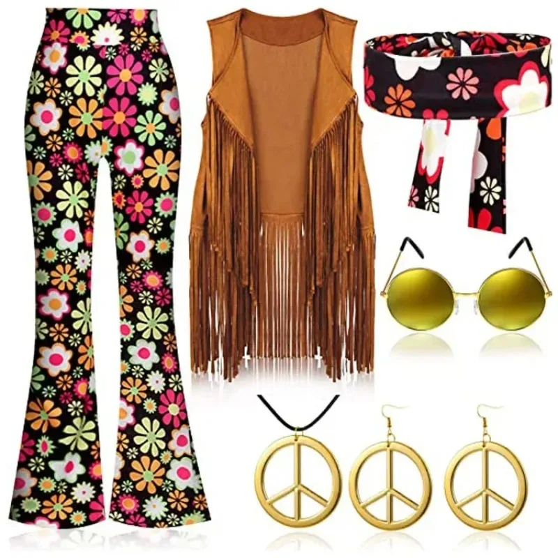 

Women 60s 70s Hippie Disco Cosplay Costume Peace Love Girls Hip Indian Tassels Hippie Vest Cardigan Halloween Carnival Party