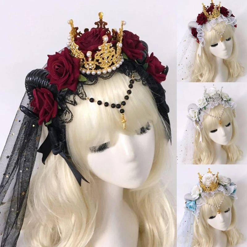 Gothic Sheep Horn Rose Flower Lace Headband Headpiece Cosplay Headdress Dropship