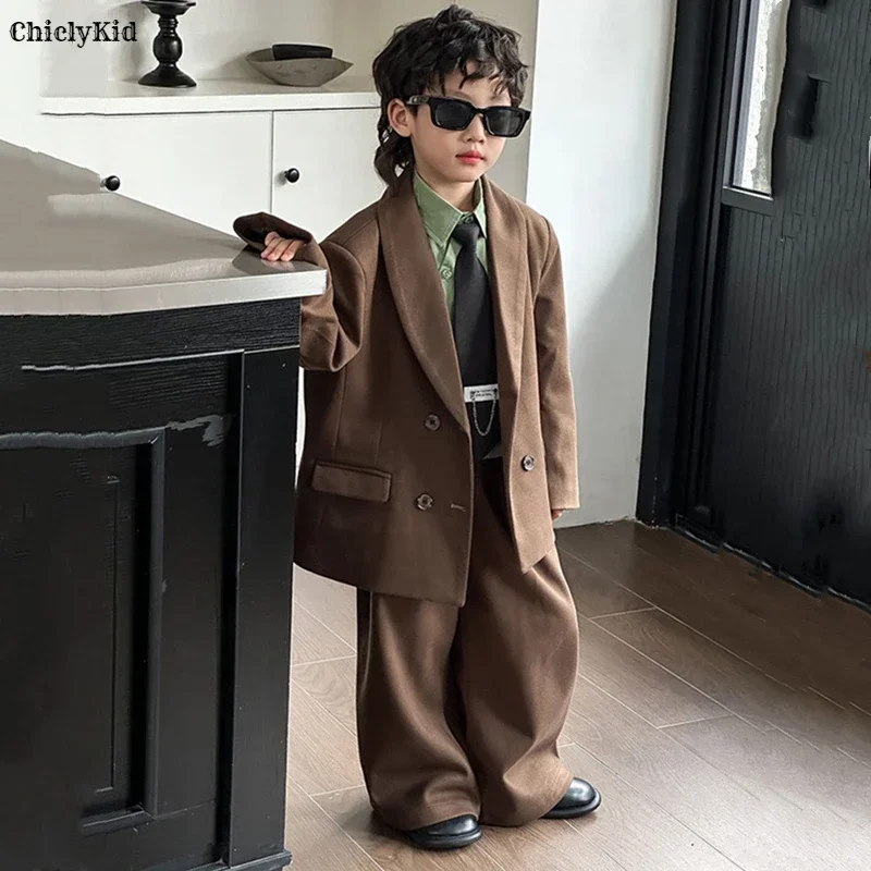 Boys Woollen Loose Blazer Jacket Pants Suits Kids Formal Dress
