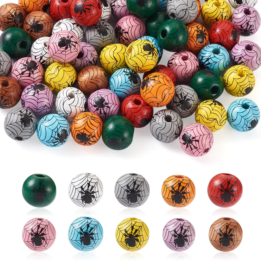

60Pcs DIY Halloween Wood Beads Garland Spacer Round with Spider Web Pattern Wooden Craft Beads for Jewelry Halloween Party Decor