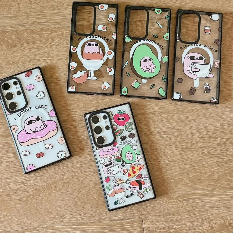

Cute Avocado Donut MagSafe Acrylic Black Border Case for Samsung Galaxy S22 Ultra S23 Ultra S24 Ultra Cover Protective Shell