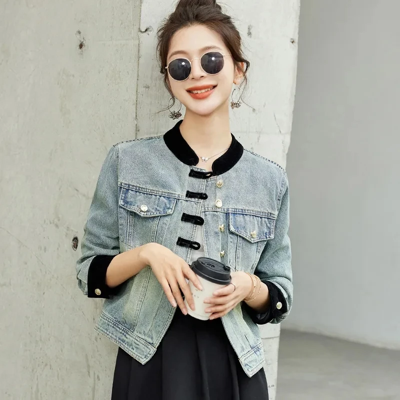 용수철 가을 패션 데님 재킷, 한국 루즈 짧은 긴 소매 캐주얼 청바지, 숙녀 겉옷 상의, 2024 신상