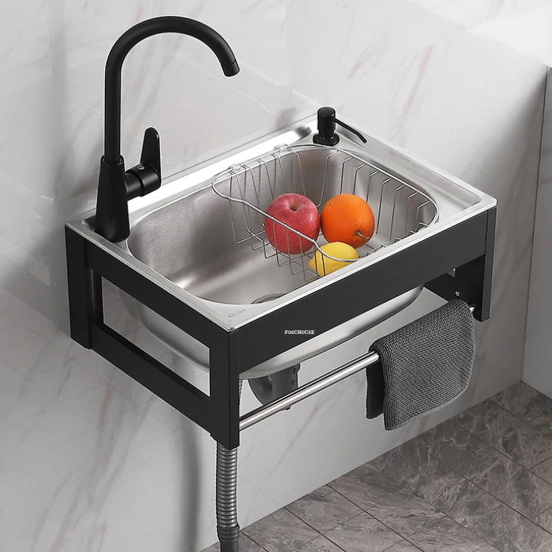 Simple Wall-mounted Kitchen Sinks Stainless Steel Kitchen Washbasin Single-slot Small Apartment Wall-mounted Sinks with Bracket 2