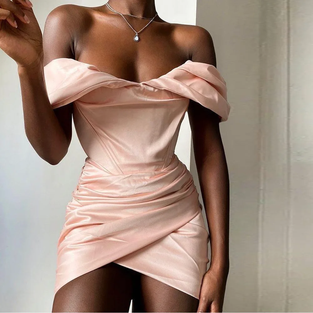 

Dansursa Off Shoulder Bodycon Satin Dress Pink Women Party Dress 2023 New Double Layer Summer Mini Dress Evening Club Dress
