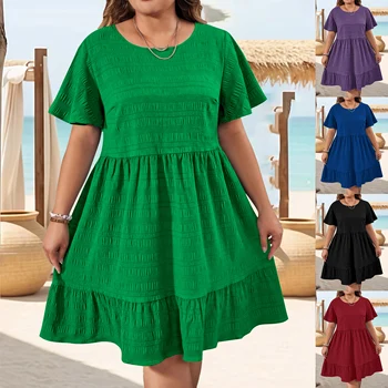 Summer Dress for Women Plus Size Elegant Fashion Round Neck Weave Patchwork Loose Short Sleeve 1