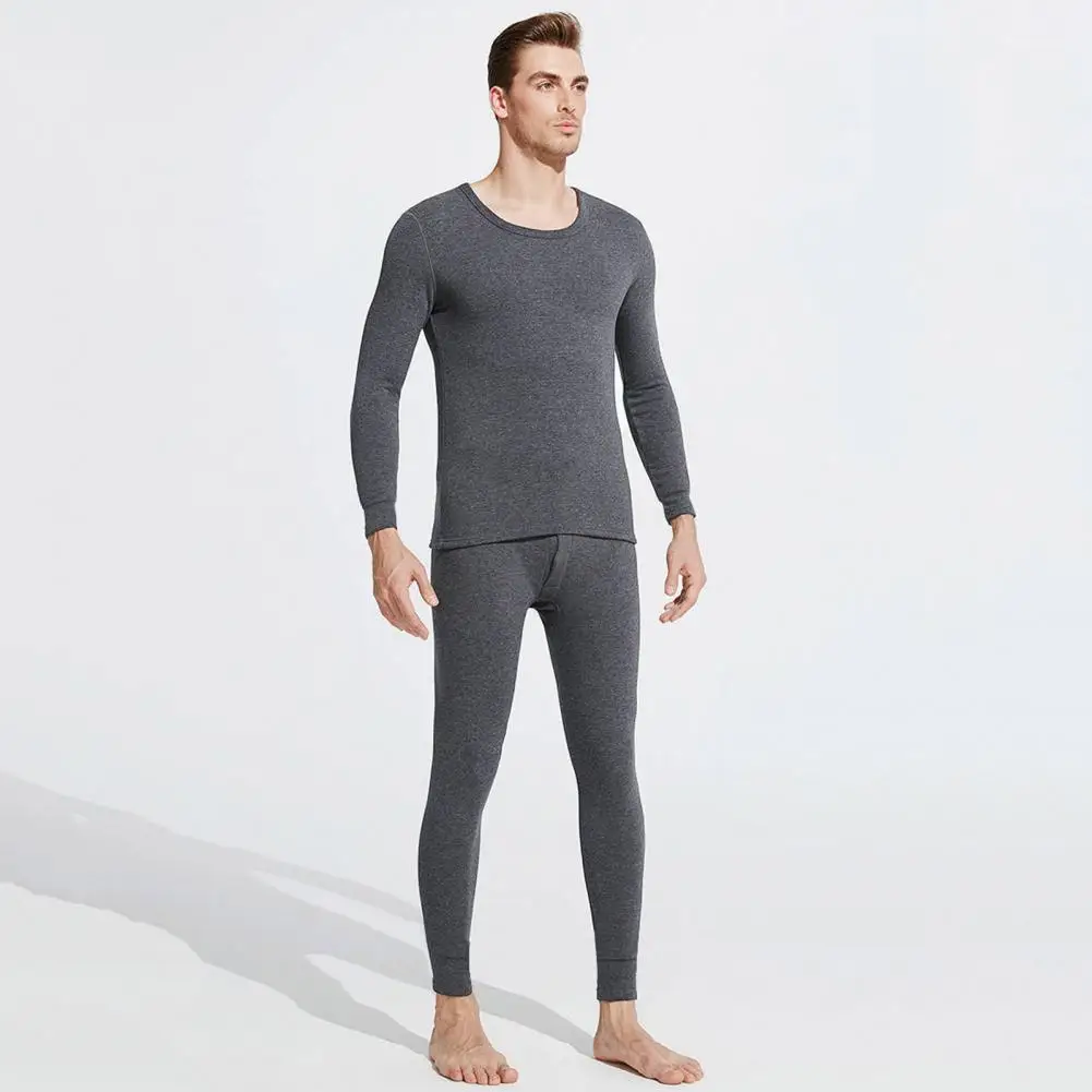 

Thermal Underwear Set Breathable Thermal Set Men's Winter Pajamas Set with Thick Fleece Lining Long Sleeve Round for Homewear