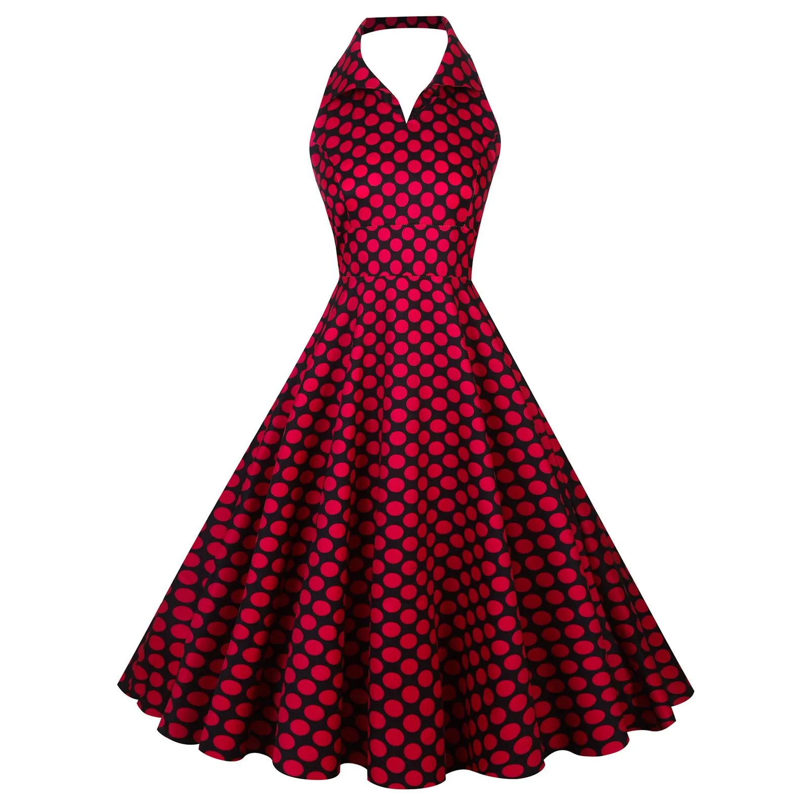 Women's Vintage 1950s Rockabilly Polka Dot Swing Dress - Halter Neck, Floral Print, Light Blue, Medium