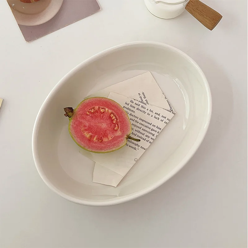Korean Simple Oval Plate Ceramic Fruit Salad Plate White Spaghetti Solid Colour Breakfast Deep Dish Tableware 22cm