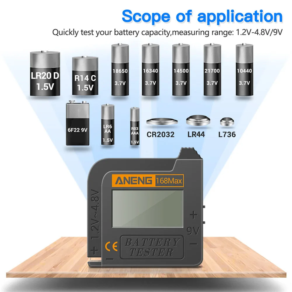 Testeur de batterie universel 168MAX mesurant une pile 9V avec écran indiquant 8.5V