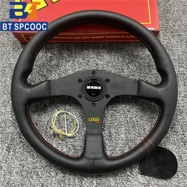 Mo t14 echtes leder lenkrad 14 zoll 350mm italien stil jdm auto renn  lenkrad rote linie für momo logo