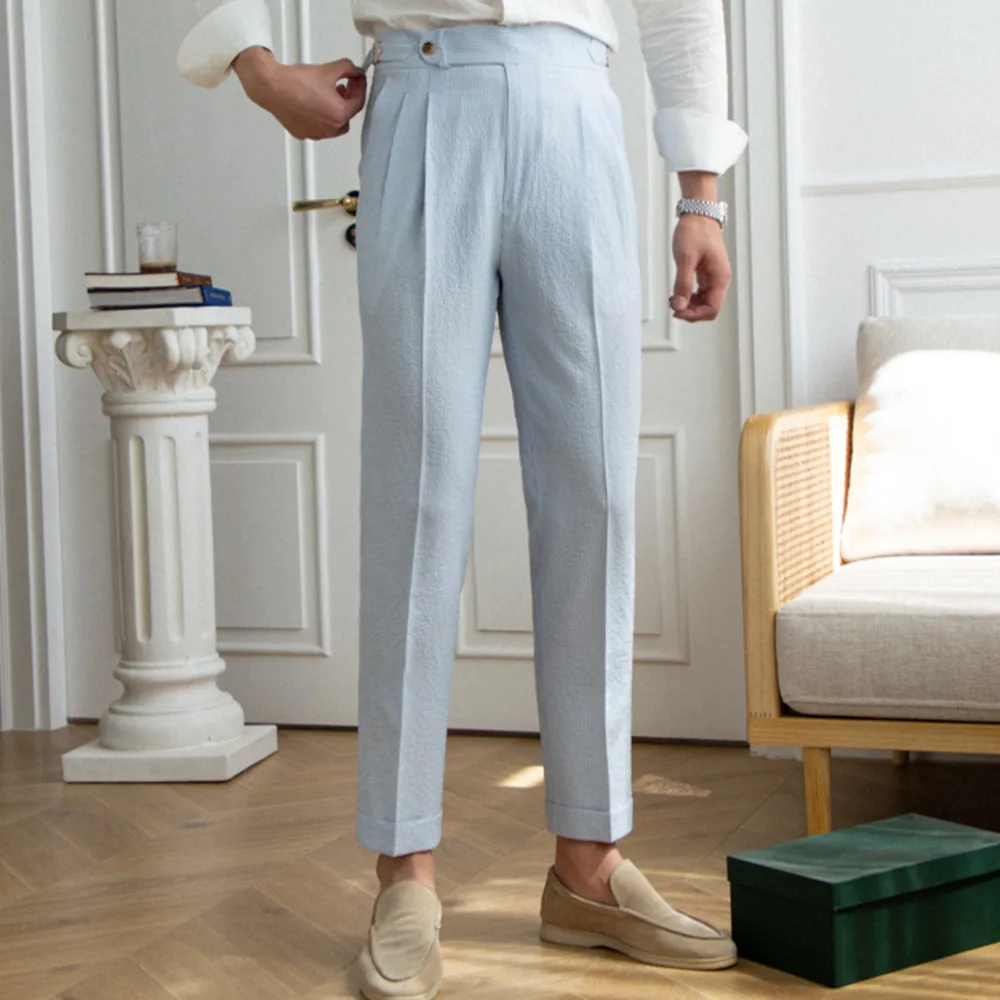 Summer Seersucker High Waist Straight Pants British Petty Bourgeoisie Blue Stripe Italian Casual Trousers Men Pantalones Hombre men pants