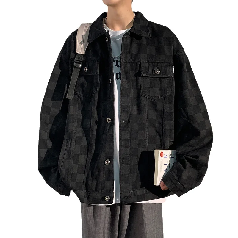 Chessboard Plaid Jeans Jacket Men Autumn Black Denim Jacket Men Overalls Bomber Streetwear Man Clothing Oversized Outwear Coats