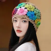 Japanese Spring Summer Literary and Artistic Colorful Flower Hollow Bag Head Hat Women Sweet Fashion Hand-crocheted Beanie Cap 1