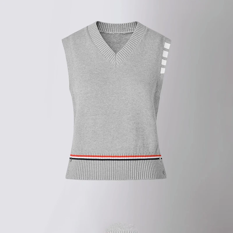 

TB THOM Women's Knit Vest Top Quality Wool V-Neck 4-Bar Striped Pullovers Fashion Casual Slim Outside Wear Harajuku TB Knitwear