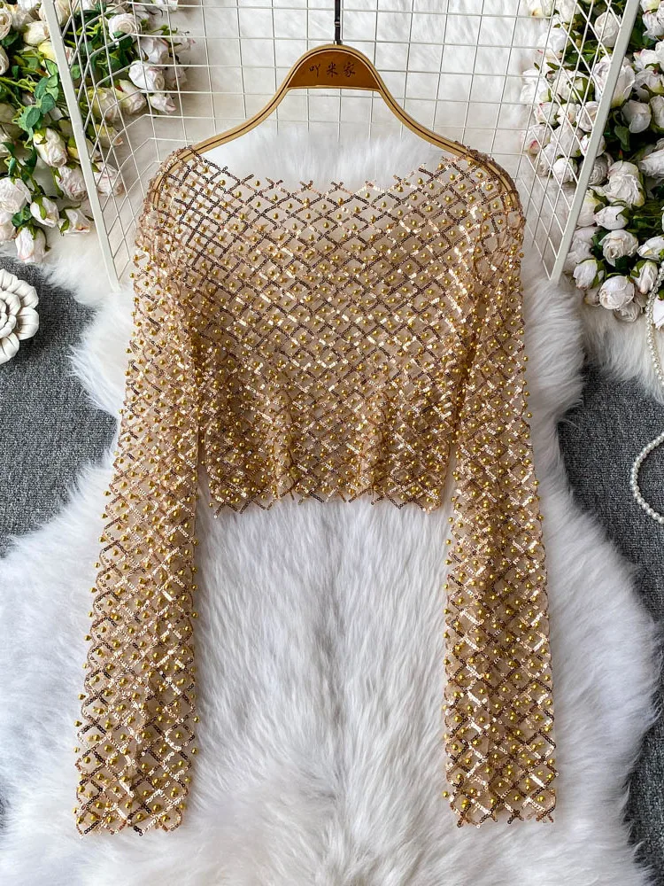 iny Sequin Long Sve round Ne ort T-irt Women's Slim Fit Sli Korean Sle Commute Pure Color Summer Top