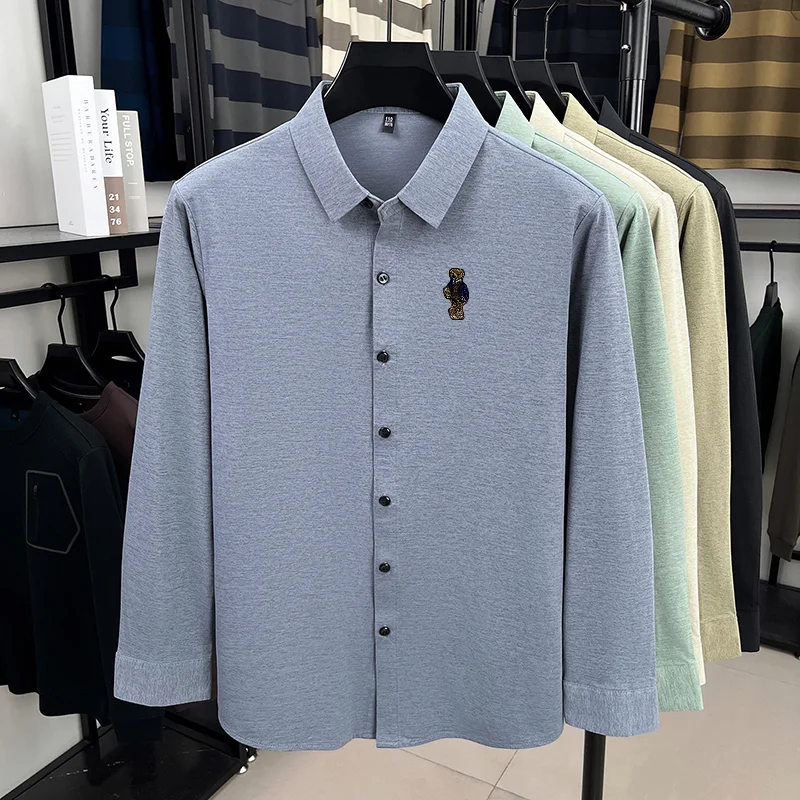High-End Man Long-Sleeved Shirt Lapel Single-Breasted Bear Embroidery Spring New Shirt Fashion Versatile Leisure Men's Clothing