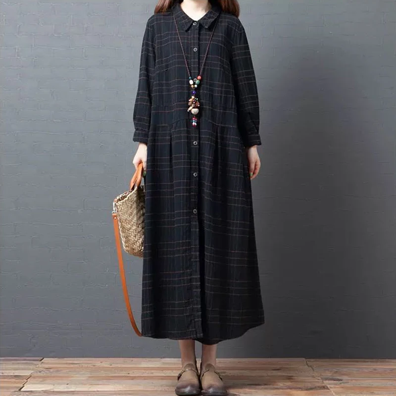 

2023 New Arrival Print Plaid Single Breasted Chic Girl's Vintage Spring Blouse Dress Fashion Women Autumn Casual Midi Dress