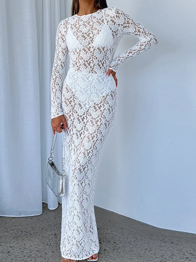 Sexy See-through Lace Flower Embroidery Slim Bodycon Long Dress Women Long Sleeved Maxi Dress Evening Club Party Vestidos 4