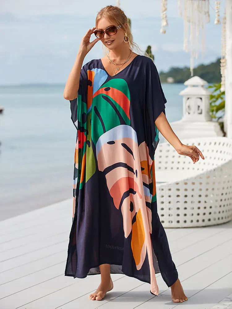 2024 nadruk w stylu Boho damska odzież letnia Kaftan Plus Size dekolt w szpic rękaw w kształcie skrzydła nietoperza odzież plażowa Maxi sukienka Sarong Q1476