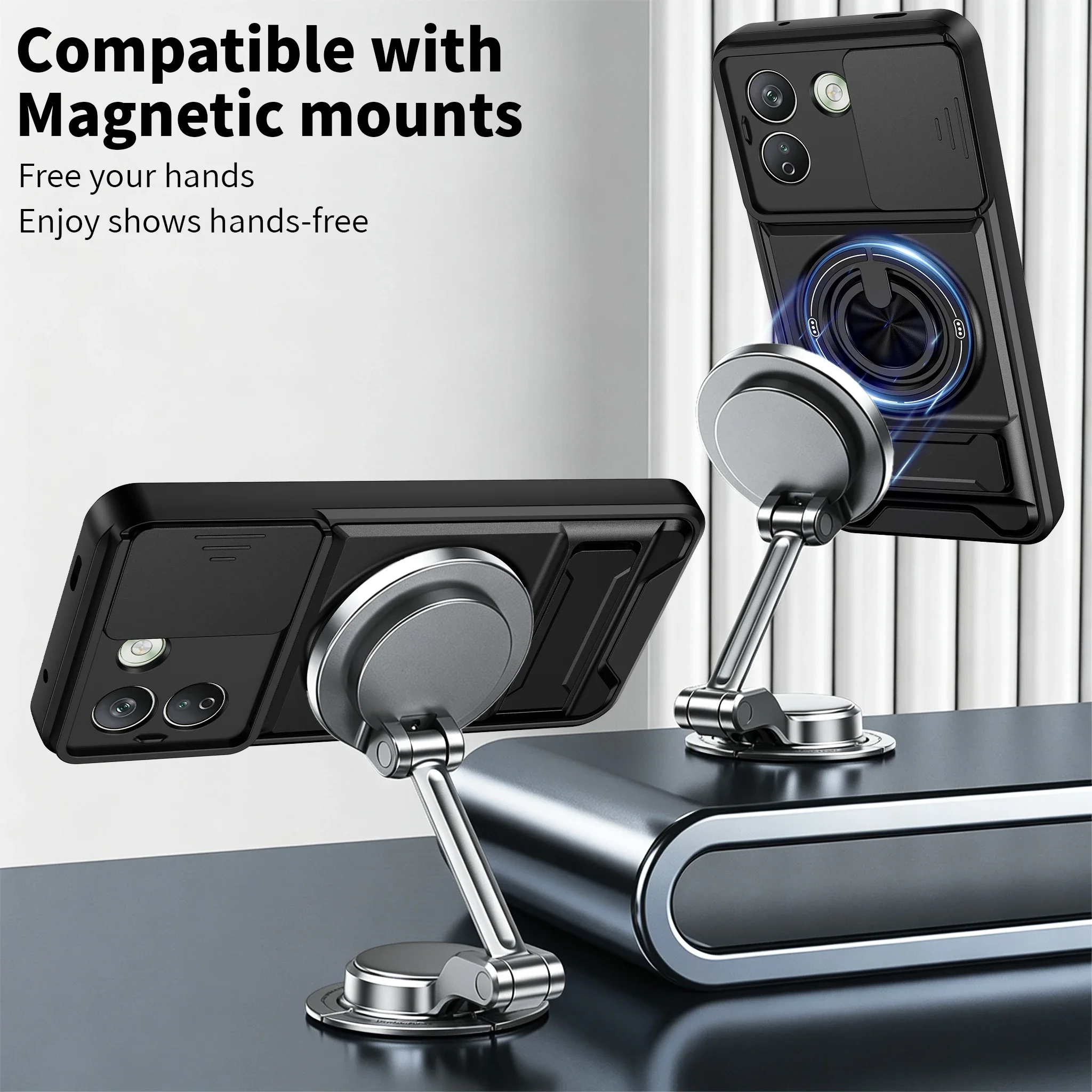 Magnetic Stand Shockproof Armor Phone Case with Slide Camera Protector and Kickstand