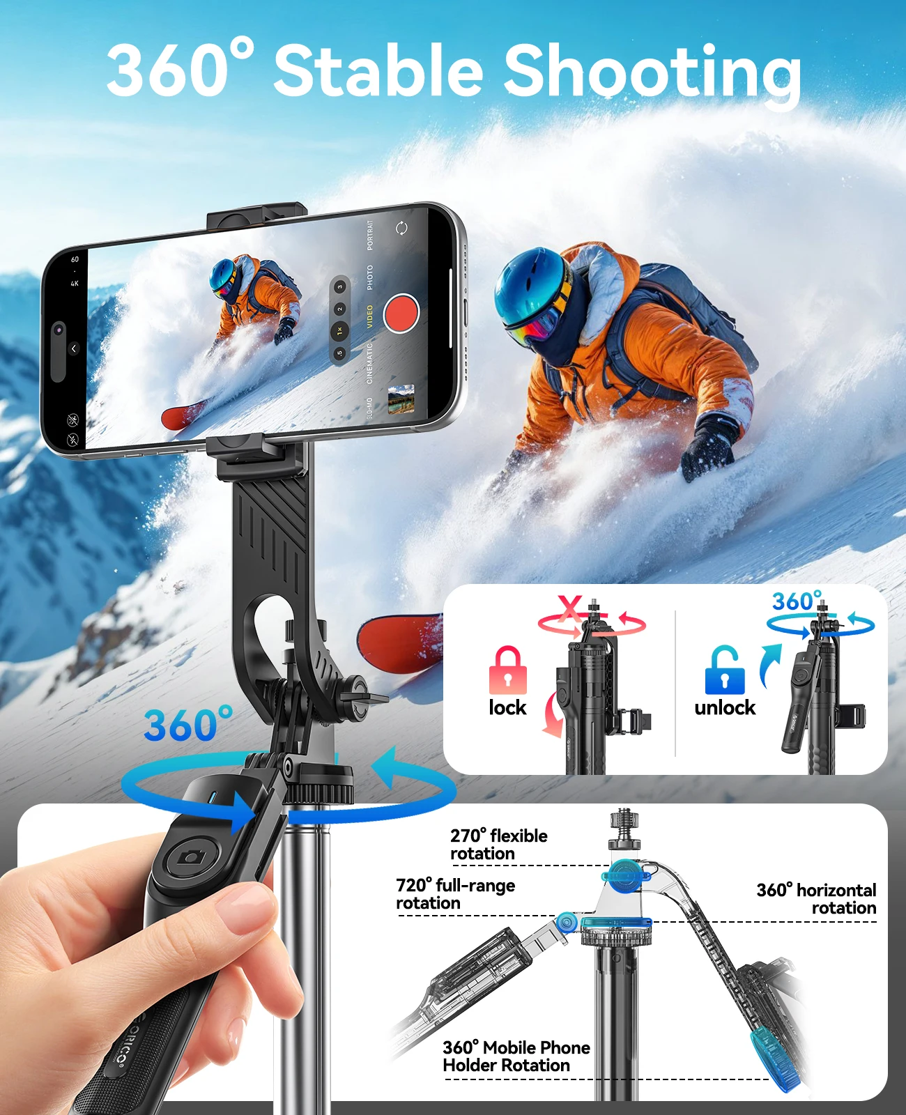 ORICO 1.9m 셀카봉 삼각대 무선 리모컨 360도 회전 기능 포함 ° 회전식 확장형 휴대폰 거치대