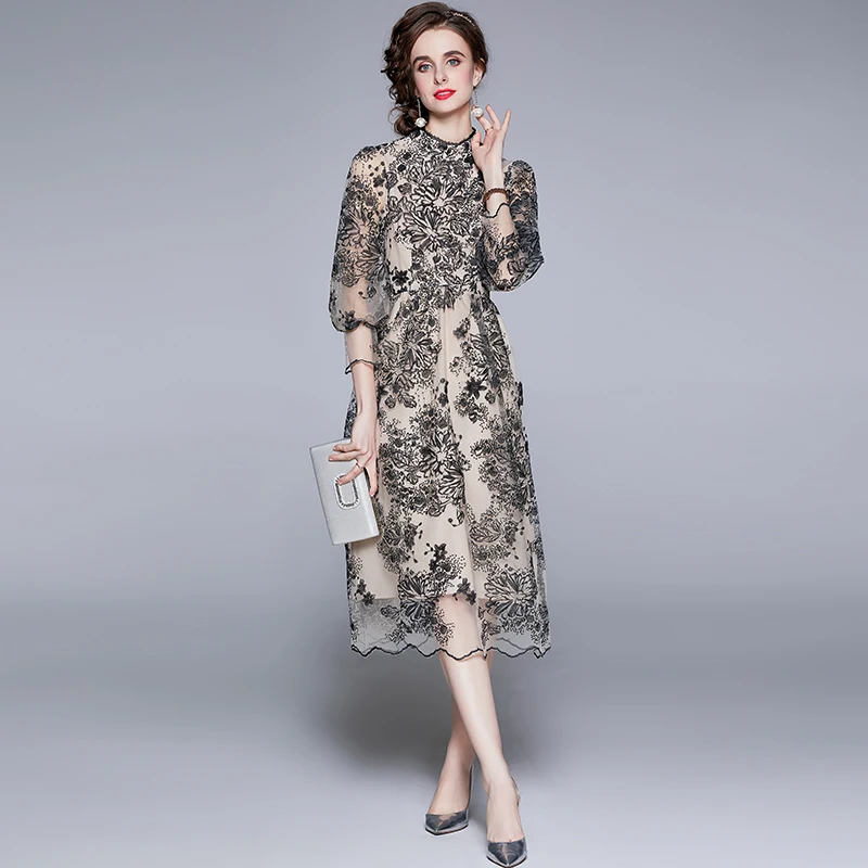

ZUOMAN Women Luxury Embroidery Mesh Dress Festa High Quality Long Elegant Wedding Party Robe Femme Vintage Designer Vestidos