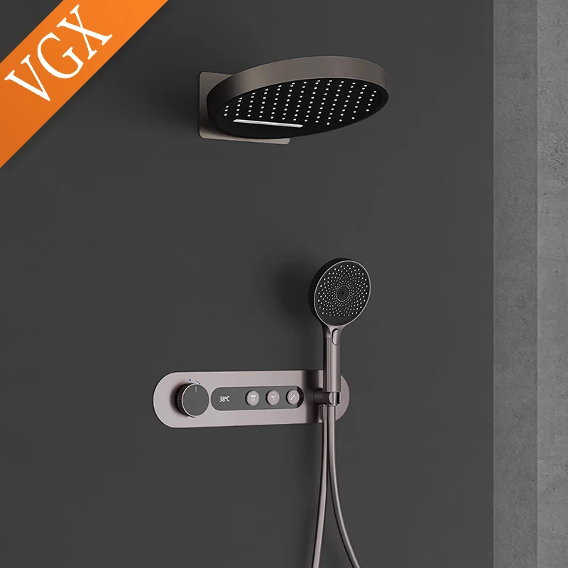 VGX Luxury Concealed Thermostatic Shower System Set Temperature Display Waterfall Shower System Rainfall Bathroom Set