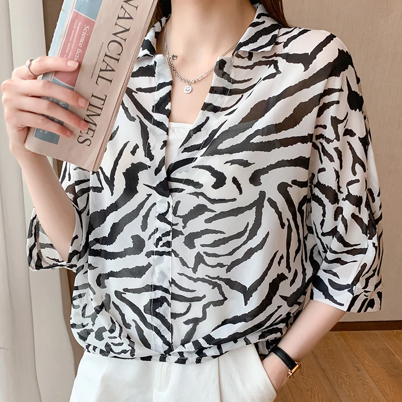 2024 Summer Female Air Conditioning Chiffon Striped Shirts Prevented Bask Clothes Fashion Zebra Stripes Woman Blouses Thin Tops t shirts tees oh my stars and stripes tie dye t shirt tee in multicolor size s