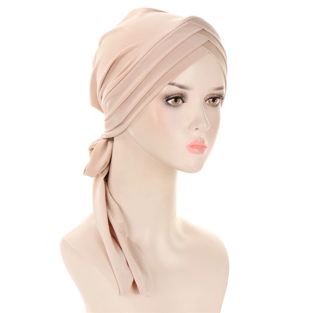 Women Stylish Pre-Tied Turban Chemo Cap Muslim Hijab Inner Cap Beanies Bonnet Long Tail Headscarf Hat Headwrap Caps Accessories