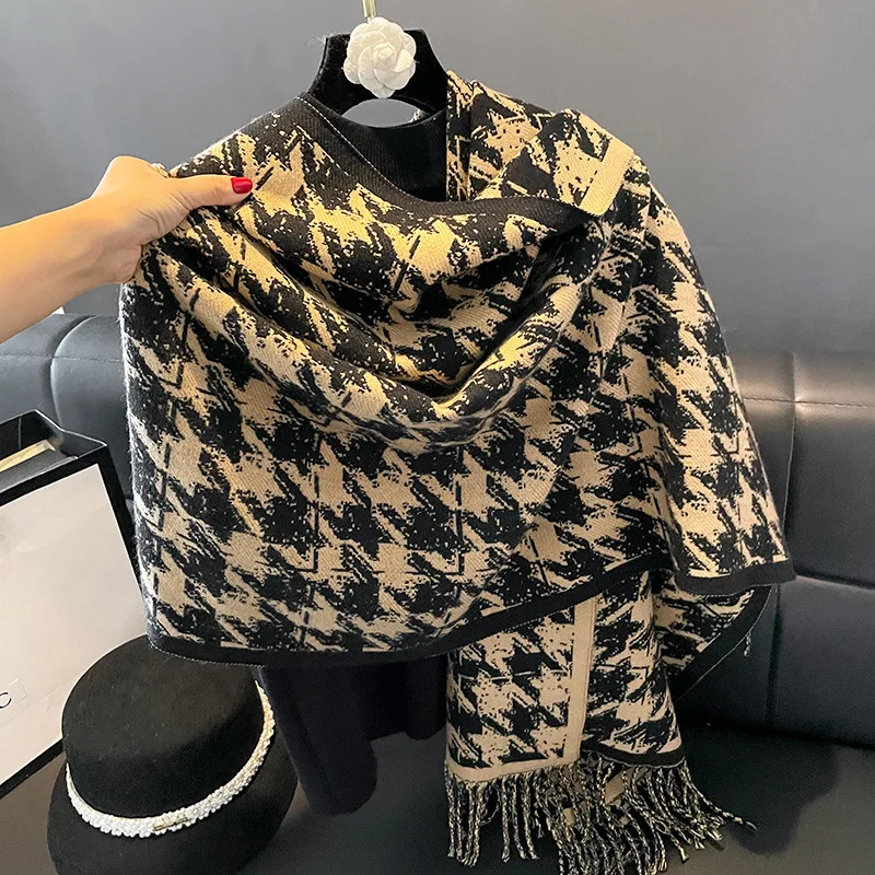 Autumn Winter Elegant Houndstooth Plaid Scarf Women Warm Soft Cashmere Scarf Large Shawl Pashmina