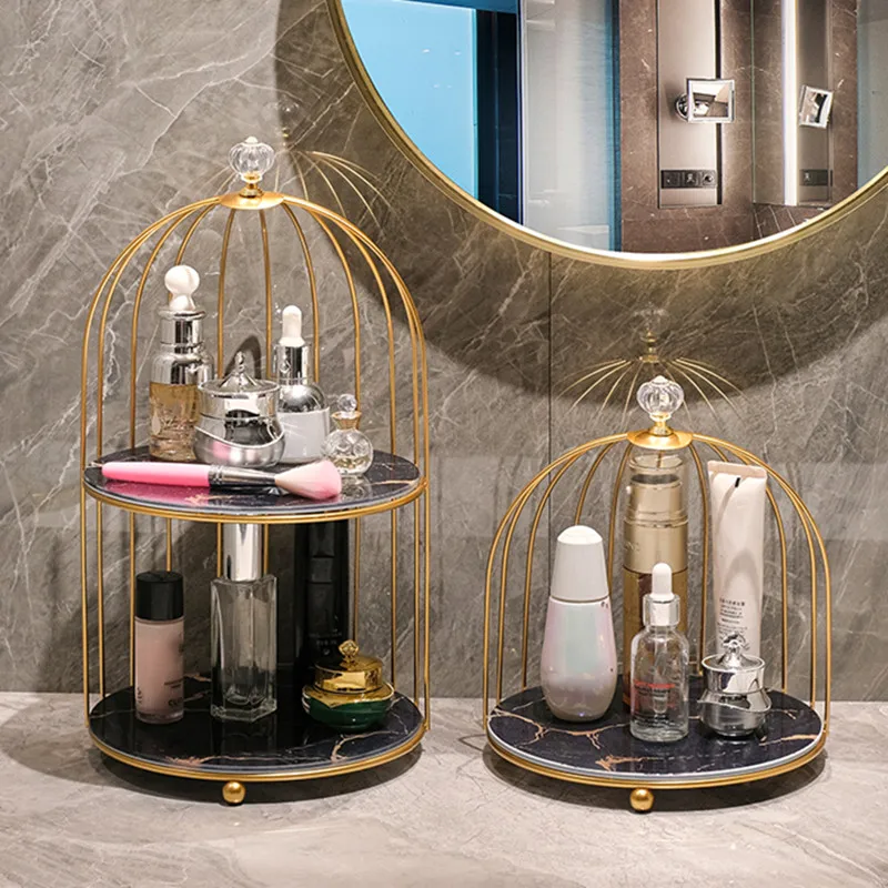 

Light Luxury Birdcage Metal Rack Glass Tray Dressing Table Storage Holder Bathroom Shampoo Shower Gel Shelf Cosmetic Organizer