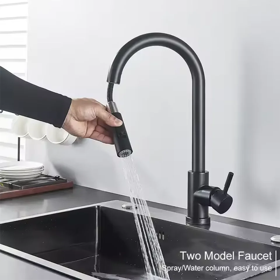 Pull Out Kitchen Sink Faucet Two Model Stream Sprayer Nozzle Stainless Steel Hot Cold Wate Mixer Tap Deck