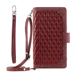 Leather Crossbody Zipper Wallet Case with Lanyard and Multi - Card Slots for Galaxy Quantum 5 (Wine Red)