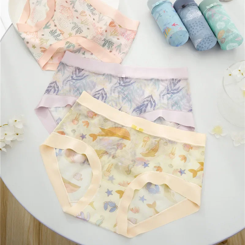 

New Fashion Summer Peach Flavor Ladies Ice Silk Underwear Sweet Pure Desire Cute Female Floral Briefs