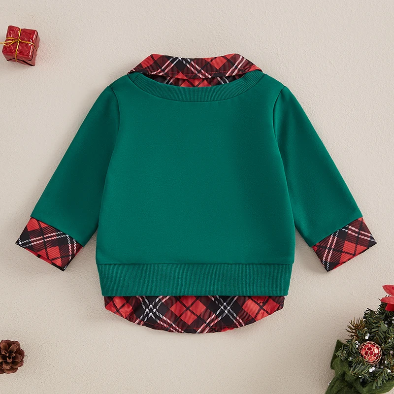 Kids Christmas Sweater Plaid Santa Reindeer Long Sleeve Lapel Neck Casual Two Fake Piece Pullover for Boys